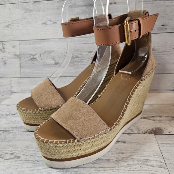 See By Chloe Glyn Sandals Womens 38 Beige Suede Platform Wedges Espardrille Nice